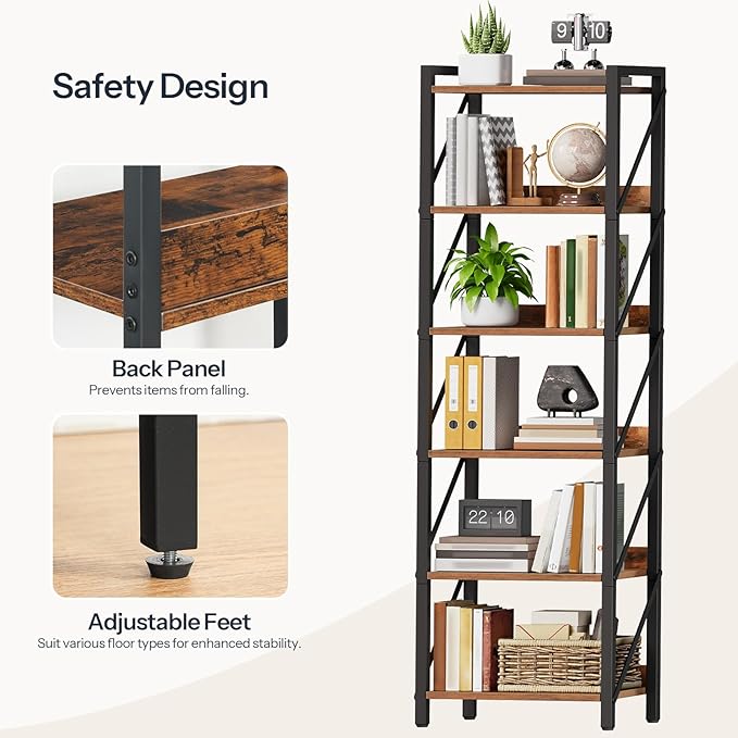 HOOBRO Bookshelf, 6-Tier Industrial Bookcase, Book Shelf Storage Organizer, T...