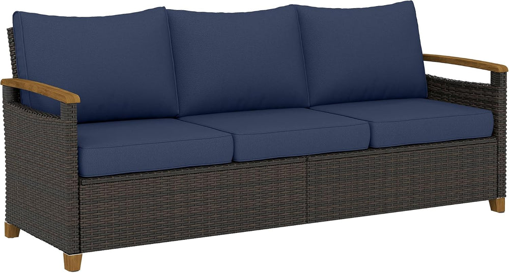 Outsunny 3 Seater Outdoor Couch Sofa PE Wicker 4" Foam Cushions Dark Blue