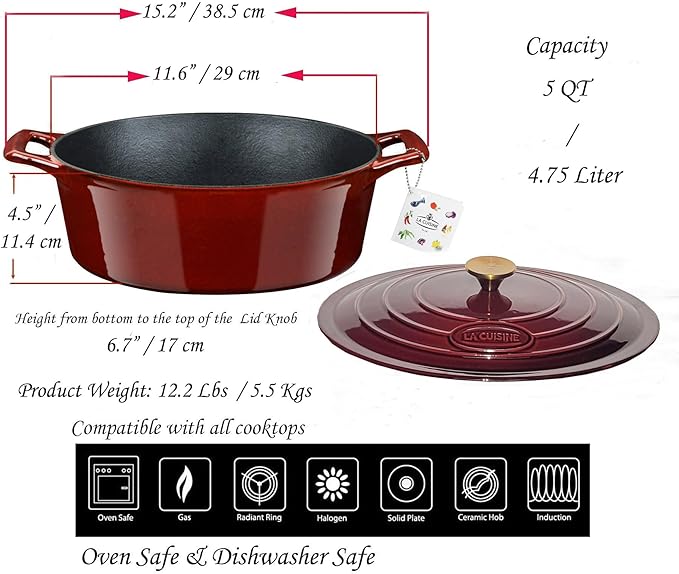 La Cuisine Enameled Cast Iron Oval Dutch Oven Casserole Dish Pot
