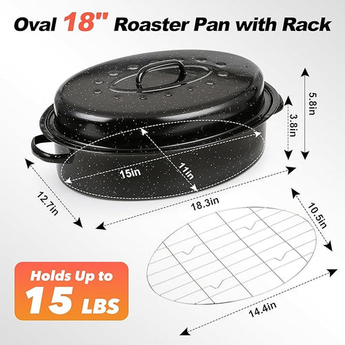 18” Roaster Pan with Lid and Rack, Large Enamel Roaster Pan with Oval Roasting - Image 2