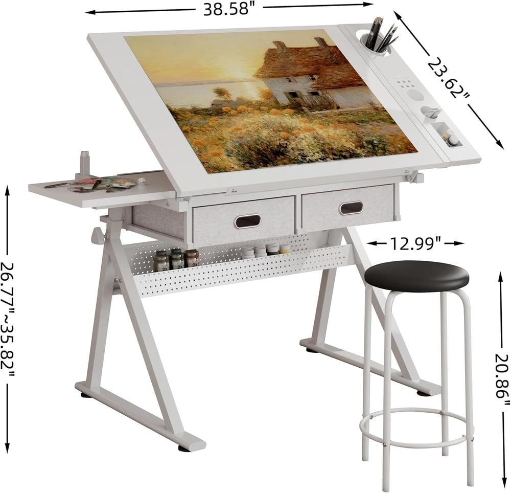 Tiltable Drafting Table with Stool, Adjustable Art Desk for Home Use