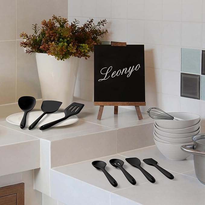 Silicone Cooking Utensils Set of 10, Leonyo Black Kitchen Utensils Set - Image 8