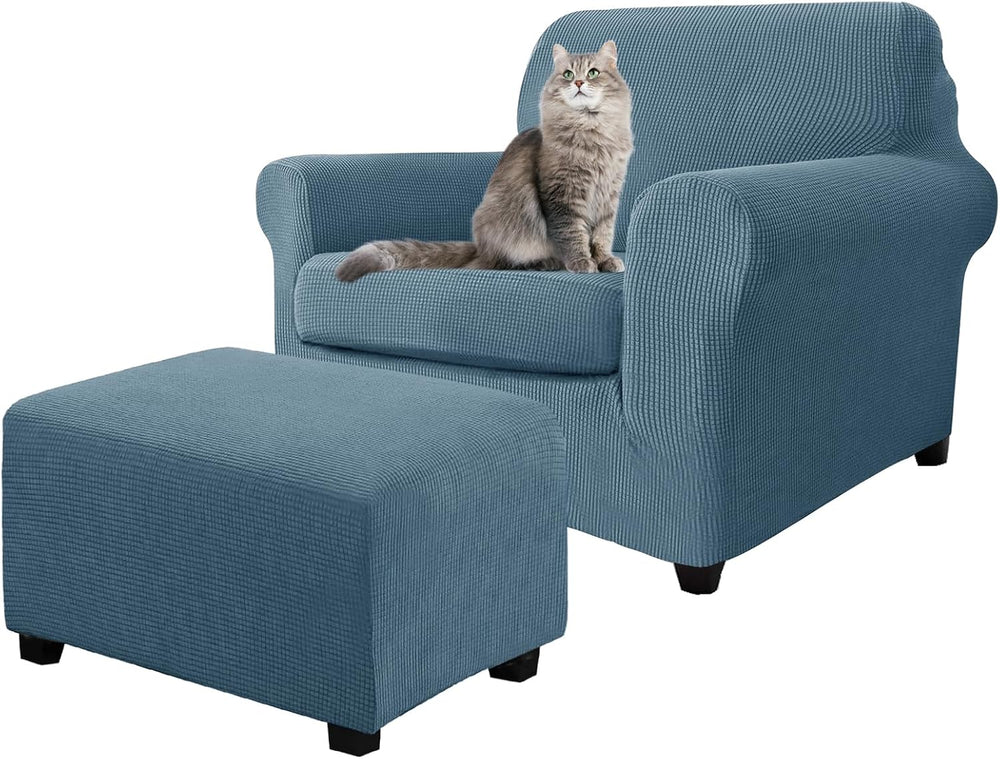 3 Piece Stretch Matching Chair and Ottoman Slipcover Set, Jacquard Arm Chair/...