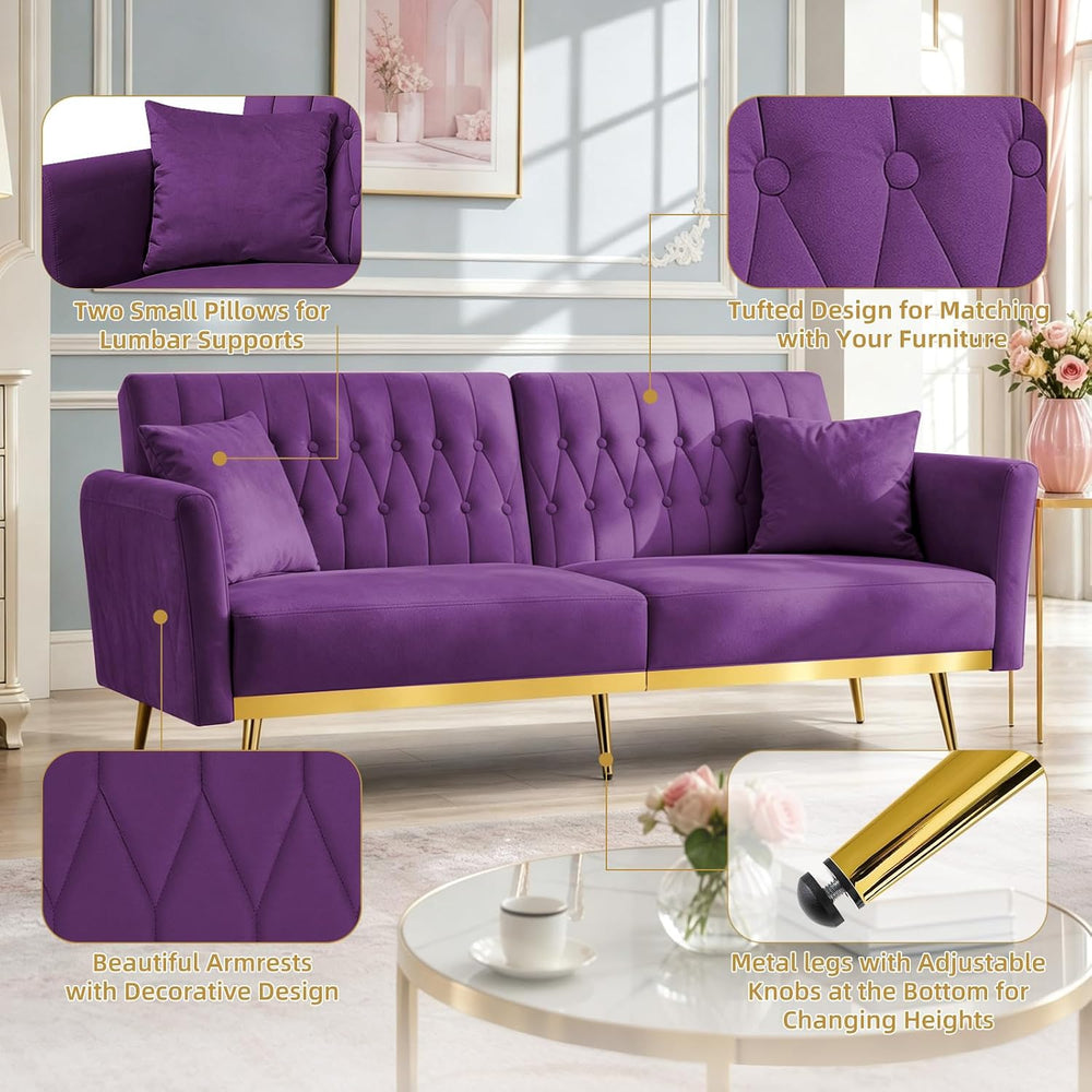 70” Velvet Futon Sofa Bed w/Adjustable Armrests, Purpel