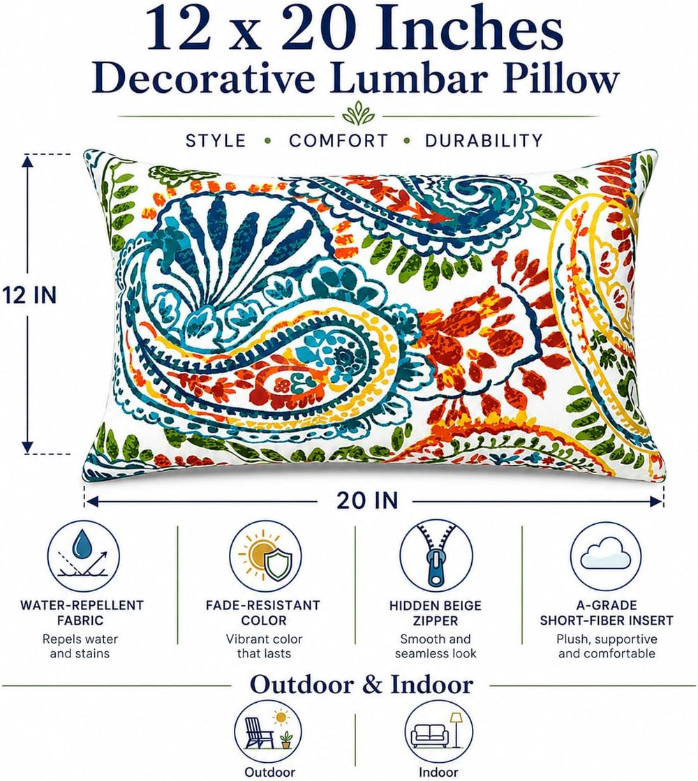 Outdoor Patio Lumbar Pillows Pack of 2, 12"x20" Fade Resistant Outd...