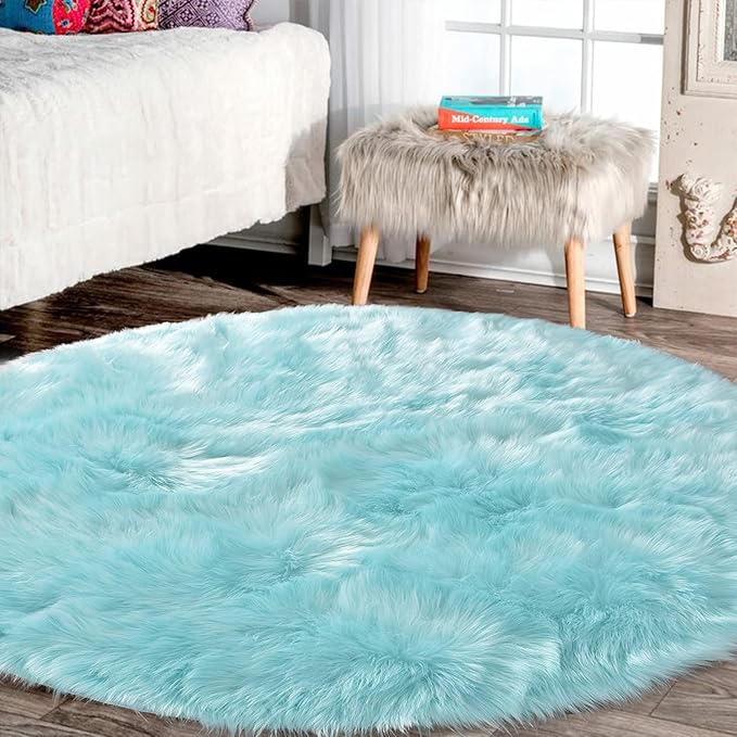 Latepis Blue Round Rugs 6ft Faux Sheepskin Fur Large Circle Rug - Image 2