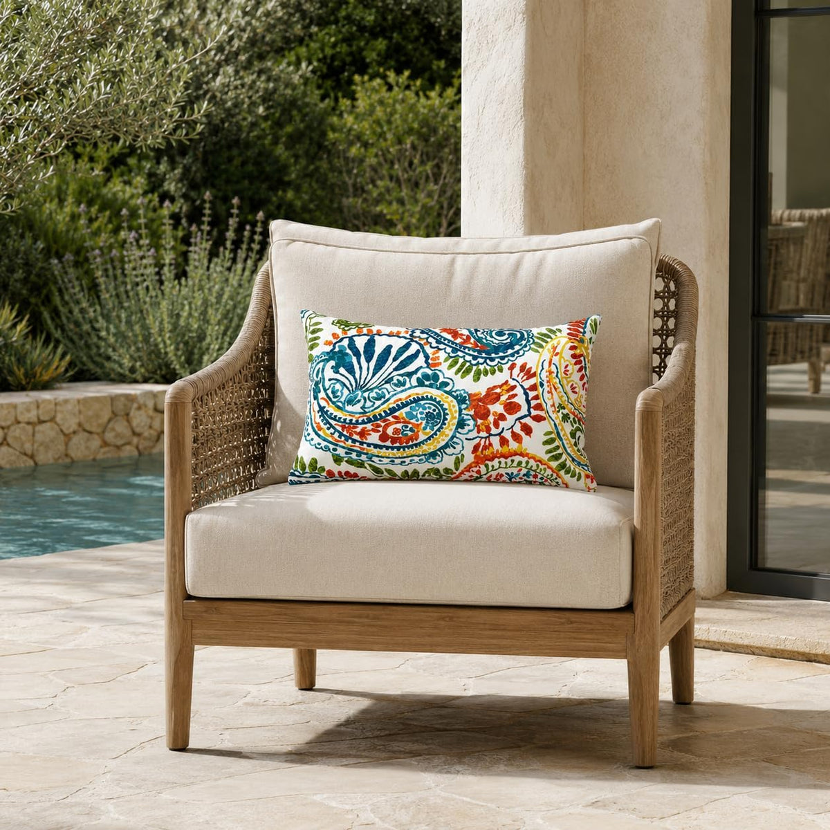outdoor patio lumbar pillows pack of 2, 12"x20" shown in use