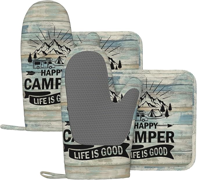 Happy Camper Oven Mitts and Pot Holders Sets of 4, Resistant Hot Pads by Nelife