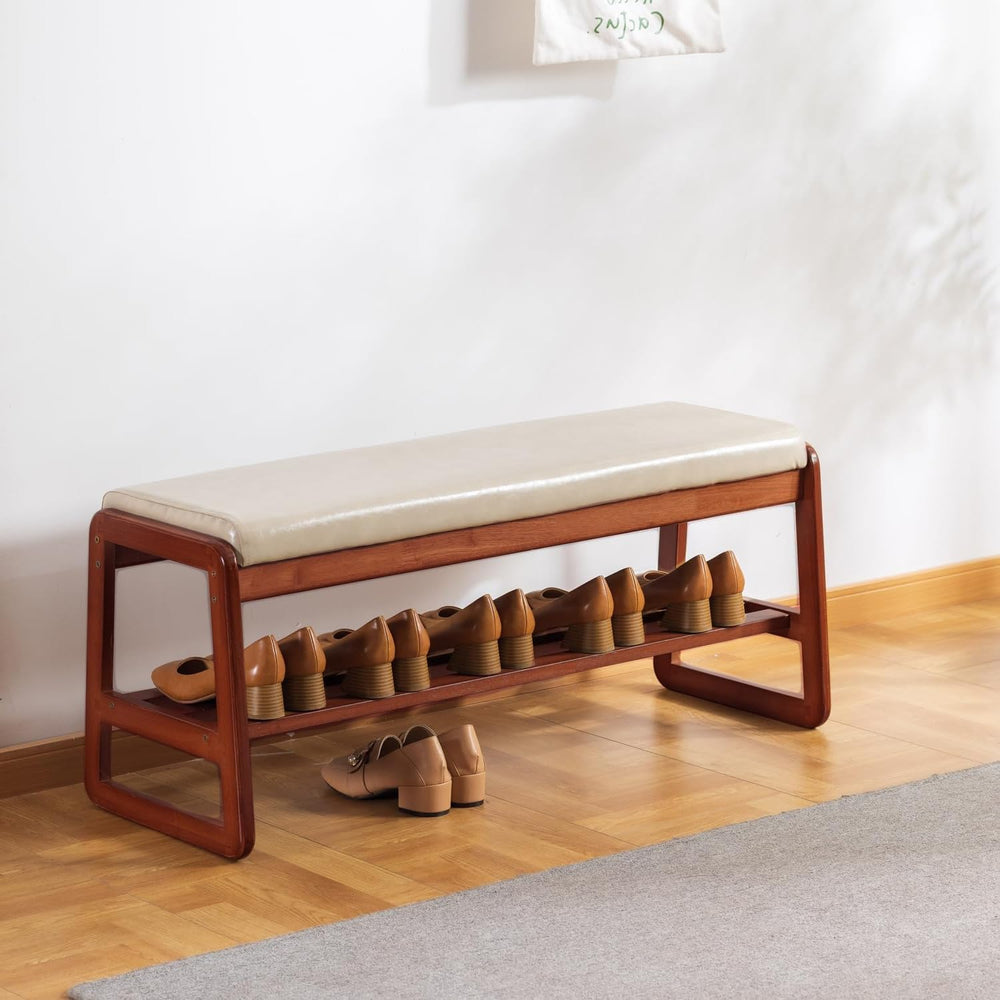 Shoe Rack Bench, Solid Wood Entryway Bench, Shoe Storage with Cushion Seat fo...