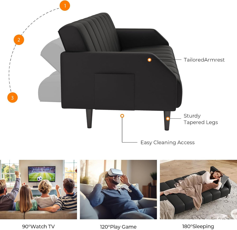 Fadware Faux Leather Couch, Convertible Futon Sofa Bed with Adjustable Backre...