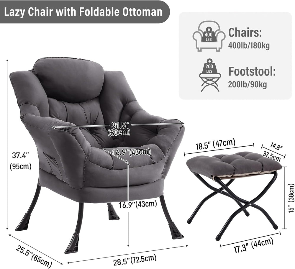 Furlide Lazy Chair with Ottoman, Modern Chair with Folding Footrest, Dark Gre...