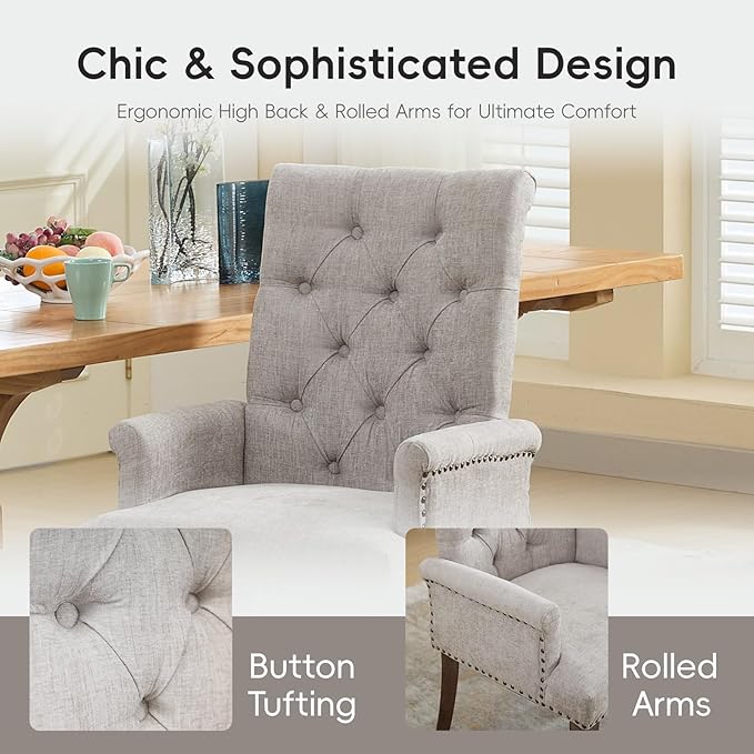 Upholstered Tufted Chenille Dining Chairs with Arms & Nailhead Trim – Sol...