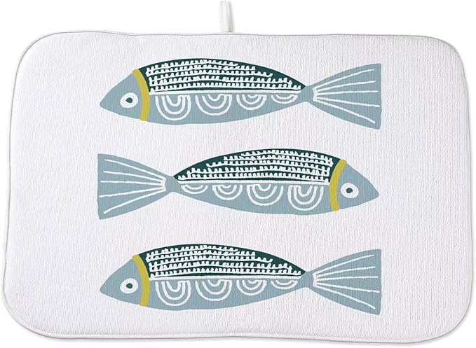 Coastal Dish Drying Mat 18 x 24 inch Beach Blue Fish Print Decorative Drying by AEIOAE