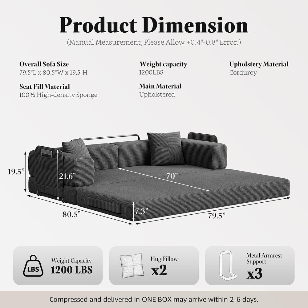 79.5" Convertible Floor Sofa Bed, 5-In-1 Corduroy Futon Couch, No Assembly