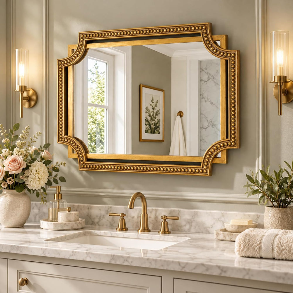 Gold Rectangle Wall Mirror, 36x24 Inch Scalloped Beaded Frame for Bathroom