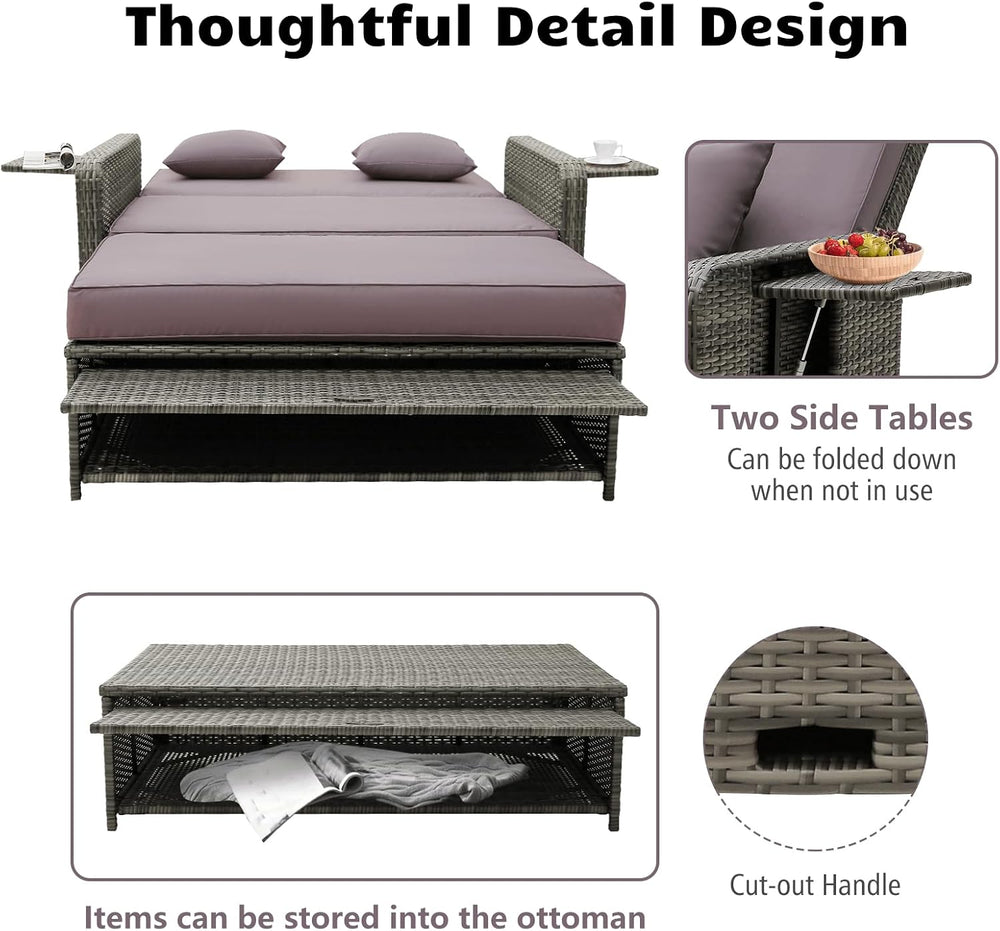 Multigot Double Rattan Daybed, 4-Level Adjustable Wicker Sun Lounger with Sto...
