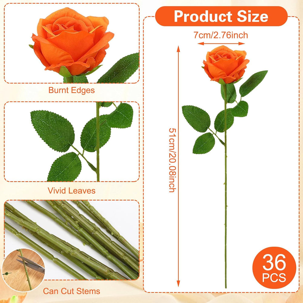 36 Pcs Orange Artificial Roses with Long Stems