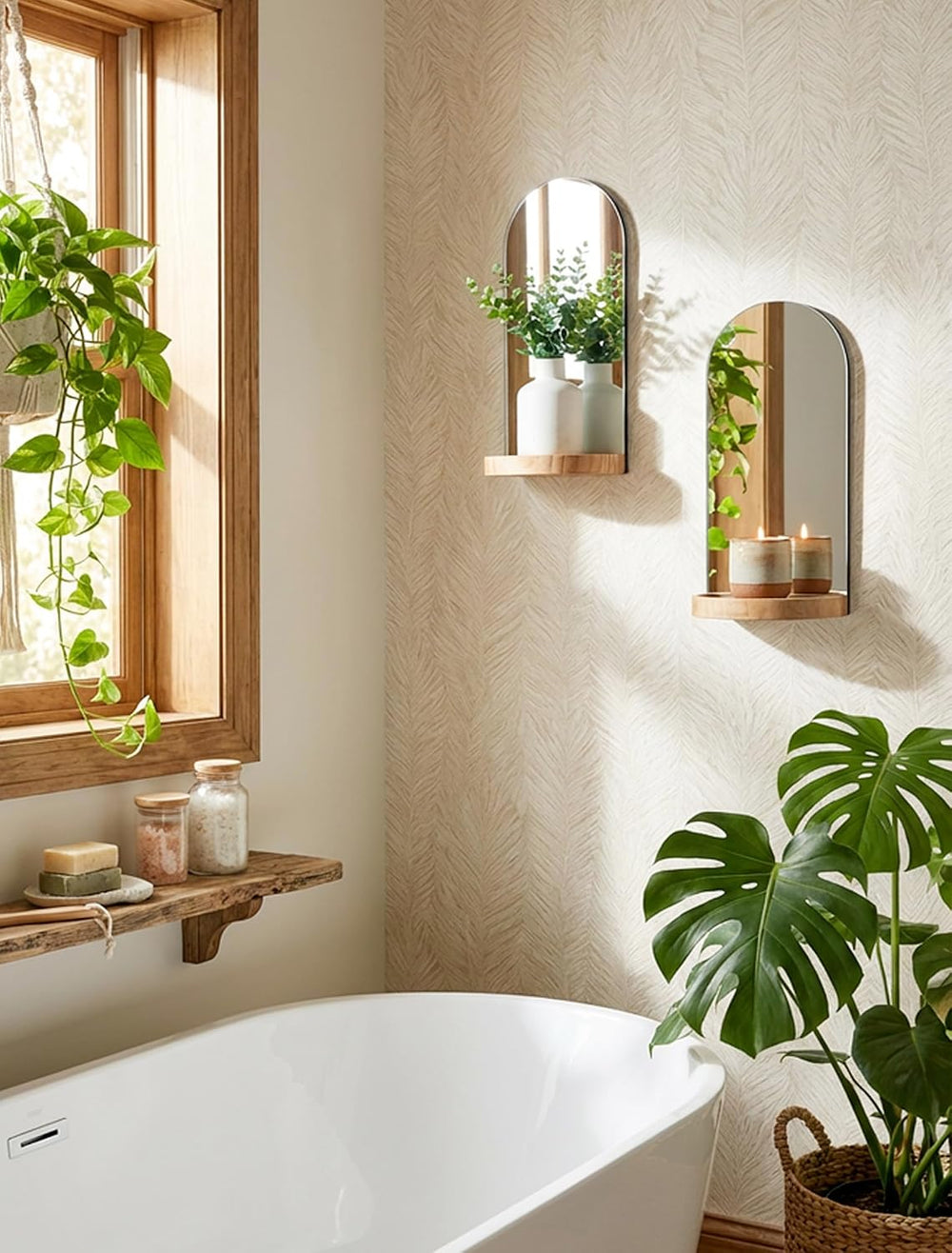 Arch Mirror Wall Candle Holder Set of 2 with Natural Wood Shelf