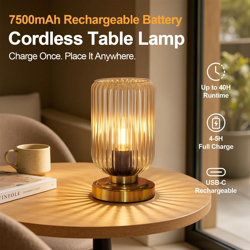 Cordless Table Lamp for Bedroom, Touch Stepless Dimmable, Modern
