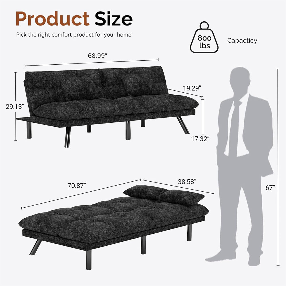 Convertible Futon Sofa Bed Chenille Fabric 70" (Black)
