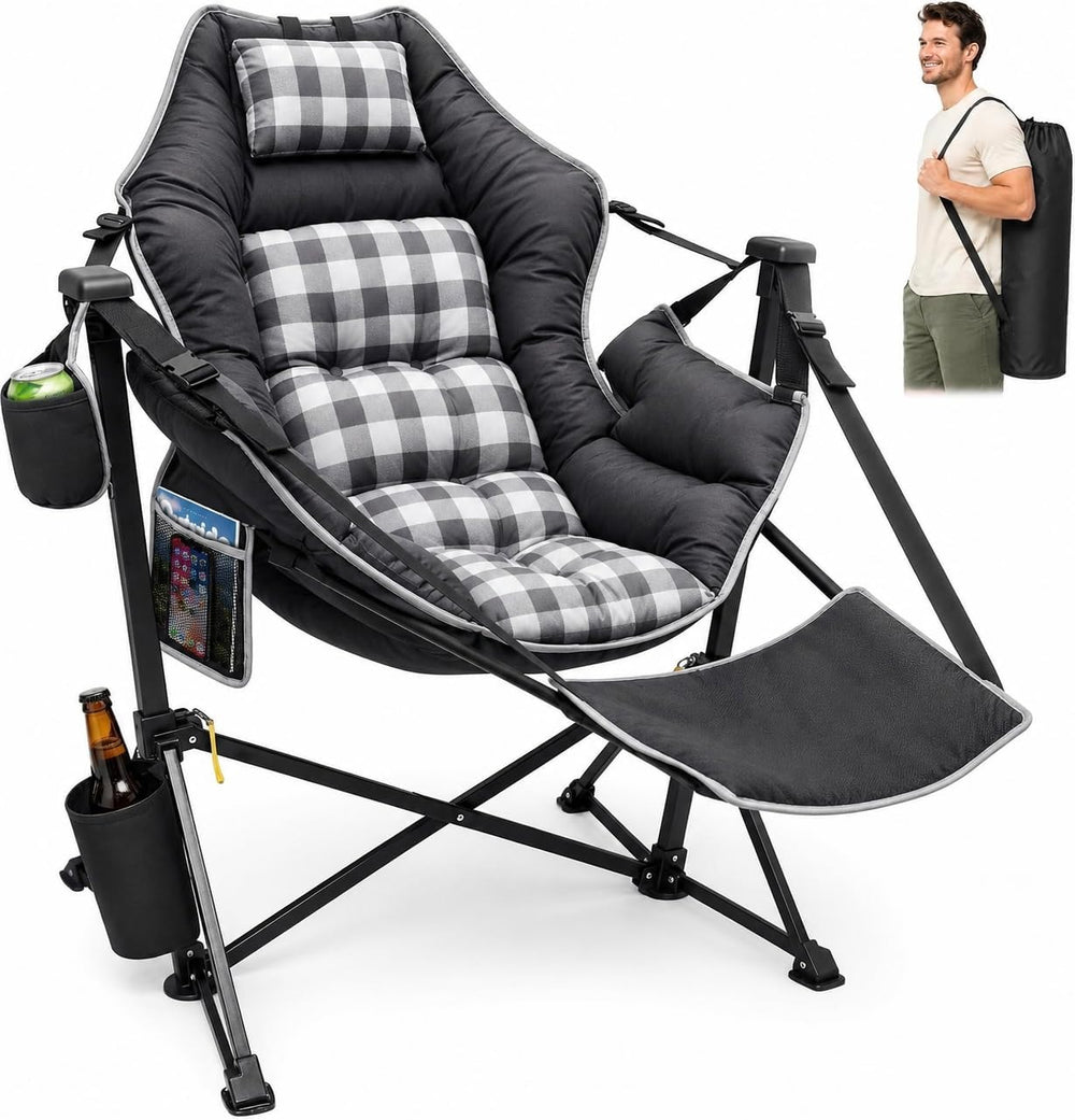 Suteck Hammock Camping Chair with Footrest, Thick Padded, Black Plaid