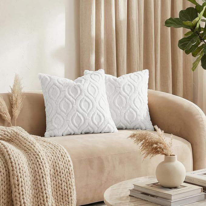 decorUhome Throw Pillow Covers 26x26 Inch Set of 2, Soft Plush Faux Wool White - Image 3