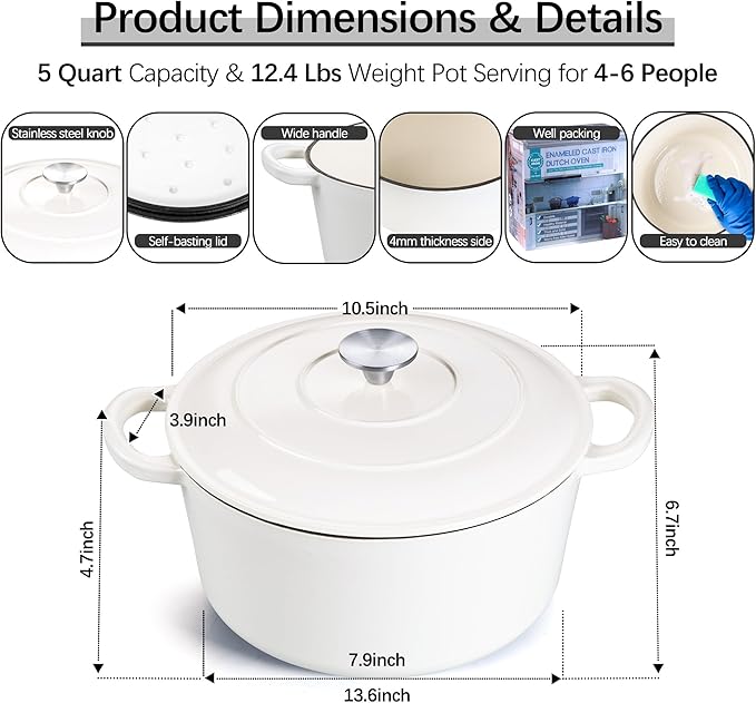 E-far Dutch Oven Pot with Lid, 5 Quart Enameled Cast Iron Round Dutch Oven - Image 2