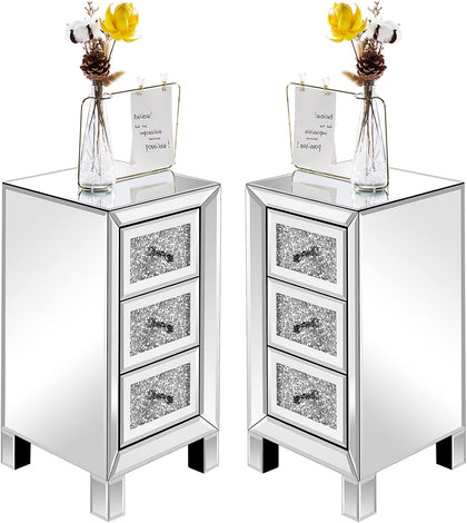 VINGLI 3-Drawer Mirrored Nightstand Bedside Table Modern Night Stands Set of 2 Glass Accent End Table, Fully Assembled, Silver