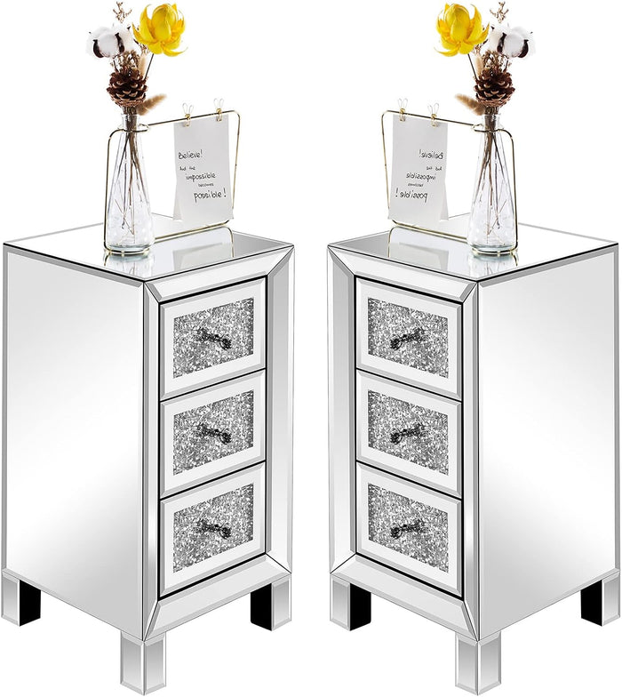 VINGLI 3-Drawer Mirrored Nightstand Bedside Table Modern Night Stands Set of 2 Glass Accent End Table, Fully Assembled, Silver