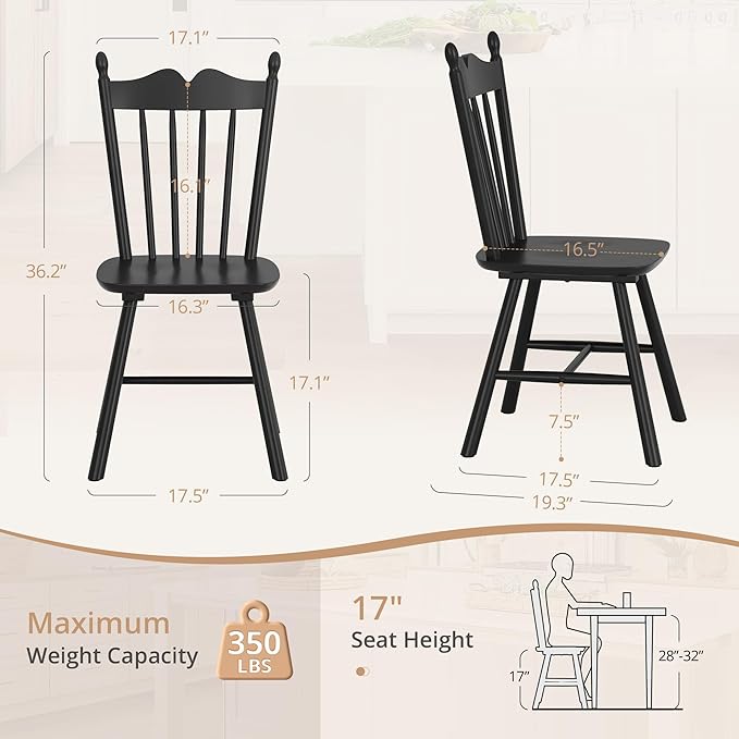 LUE BONA Black Dining Chairs Set of 6, Windsor Wooden Dining Chair with Thick...