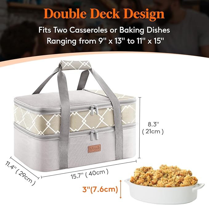 Lifewit Insulated Double Decker Casserole Carrier, Lasagna Lugger Holder - Image 2
