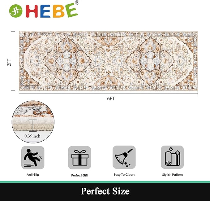 HEBE Hallway Runner Rug 2'x6' Washable Vintage Distressed Area Rugs Non Slip - Image 2
