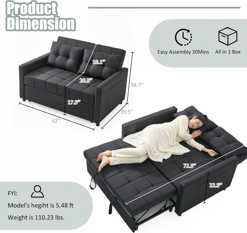 GOSUHI 52" 3-in-1 Convertible Sleeper Sofa Bed, Linen, Black