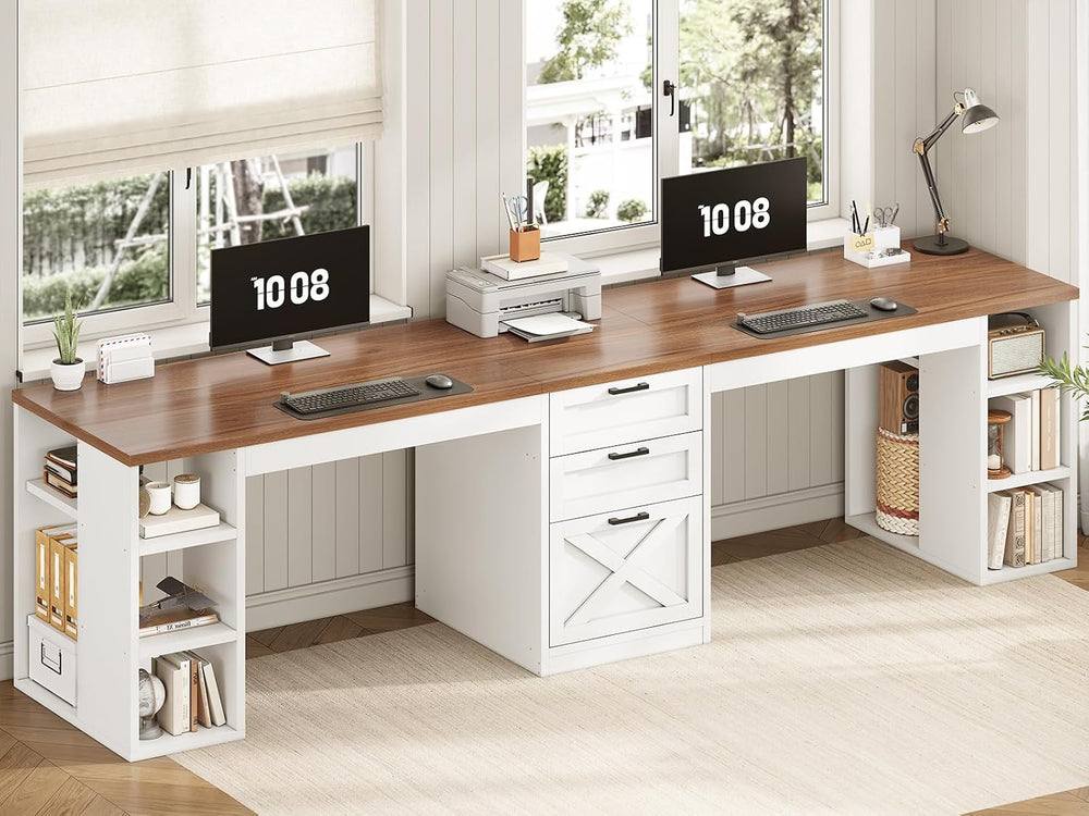 SEDETA Farmhouse 96.5" Computer Desk with Drawers, 2 Person Home Office ...