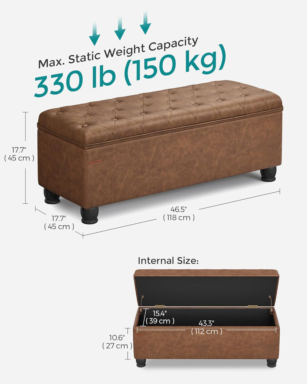 SONGMICS Storage Ottoman, 46.5 Inches Long Bed End Stool, Solid Wood Legs