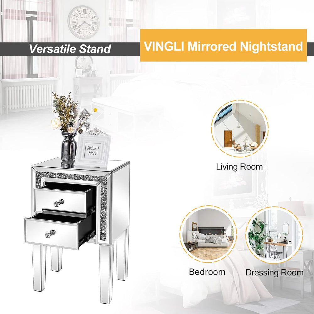 VINGLI Mirror Nightstand with Drawer, Silver Mirrored Glass End Table, Crushe...