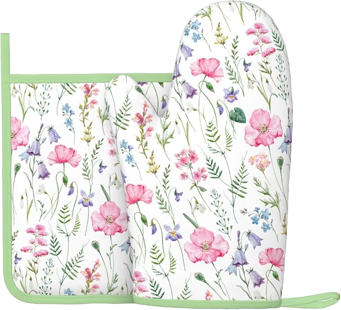Pink Floral Silicone Oven Mitts Pan Mats Set of 2, Heat Resistant Gloves by Cayiibe