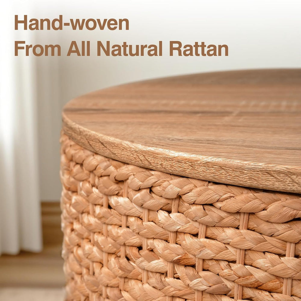 Round Nesting Coffee Table Set of 2 with Storage - Handwoven Wicker Rattan Ot...