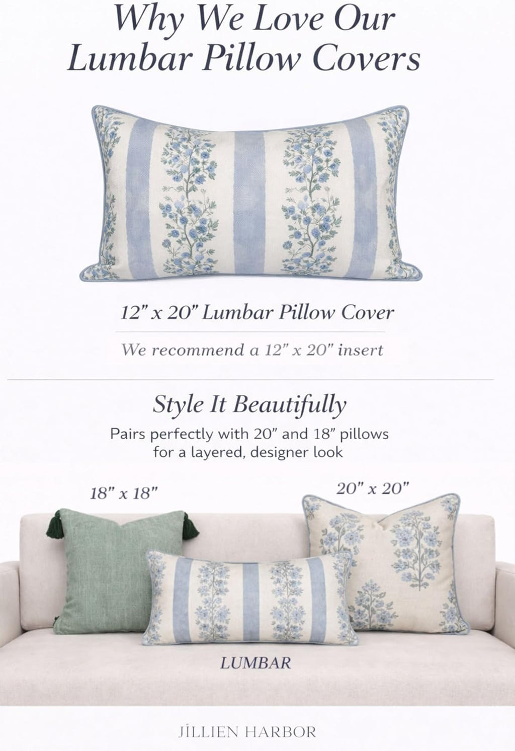 “The Juliet” Floral Block Print Pillow Cover – Soft Blue and Off-White Decorative Throw Pillow Cover – Grandmillennial Home Decor, 12"x20"