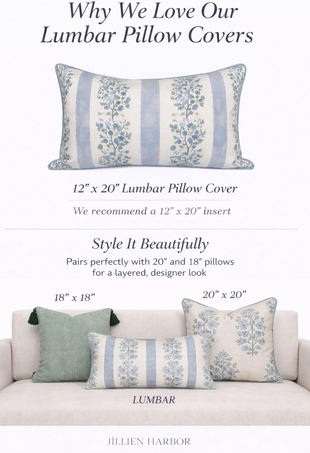 “The Juliet” Floral Block Print Pillow Cover – Soft Blue and Off-White Decorative Throw Pillow Cover – Grandmillennial Home Decor, 12"x20"