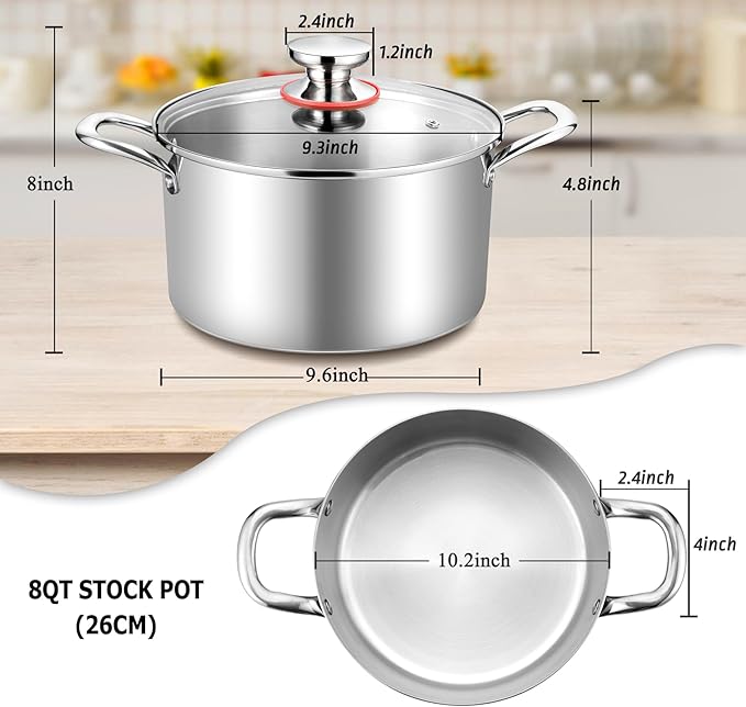 TeamFar 8 Quart Stock Pot, Stainless Steel Tri-ply Stockpot Pasta Cooking Pot - Image 2