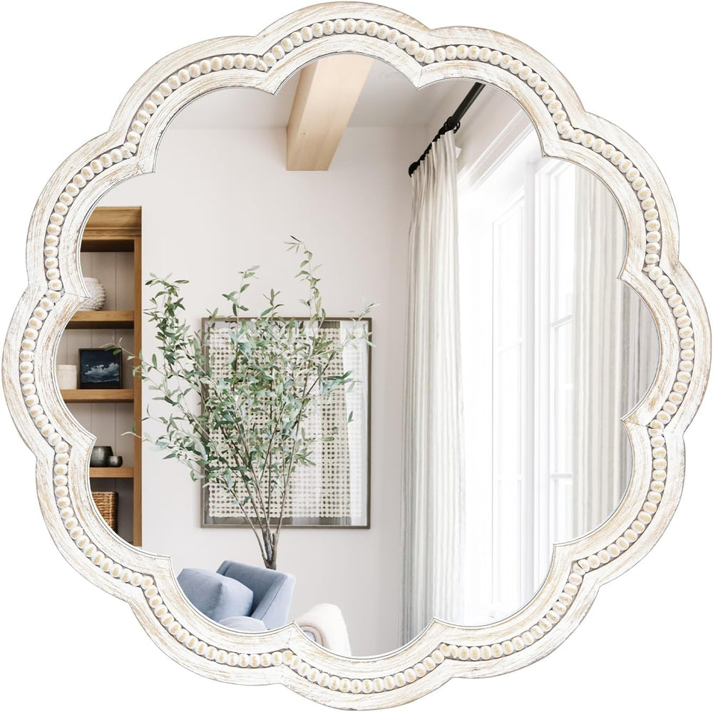 24 Inch Round Wall Mirror, Whitewashed Wooden Frame with Scalloped Edge &...