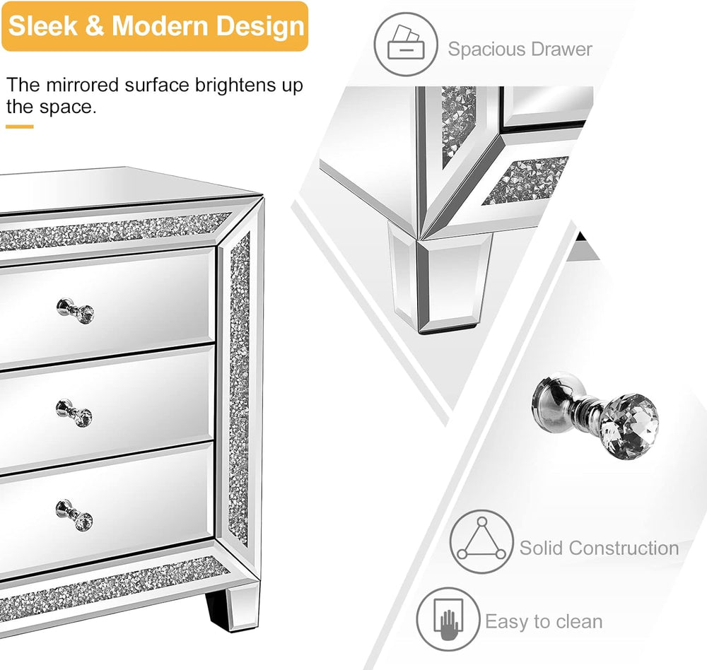 VINGLI Mirrored Nightstand Glass End Table, 23" W Silver Night Stand for...