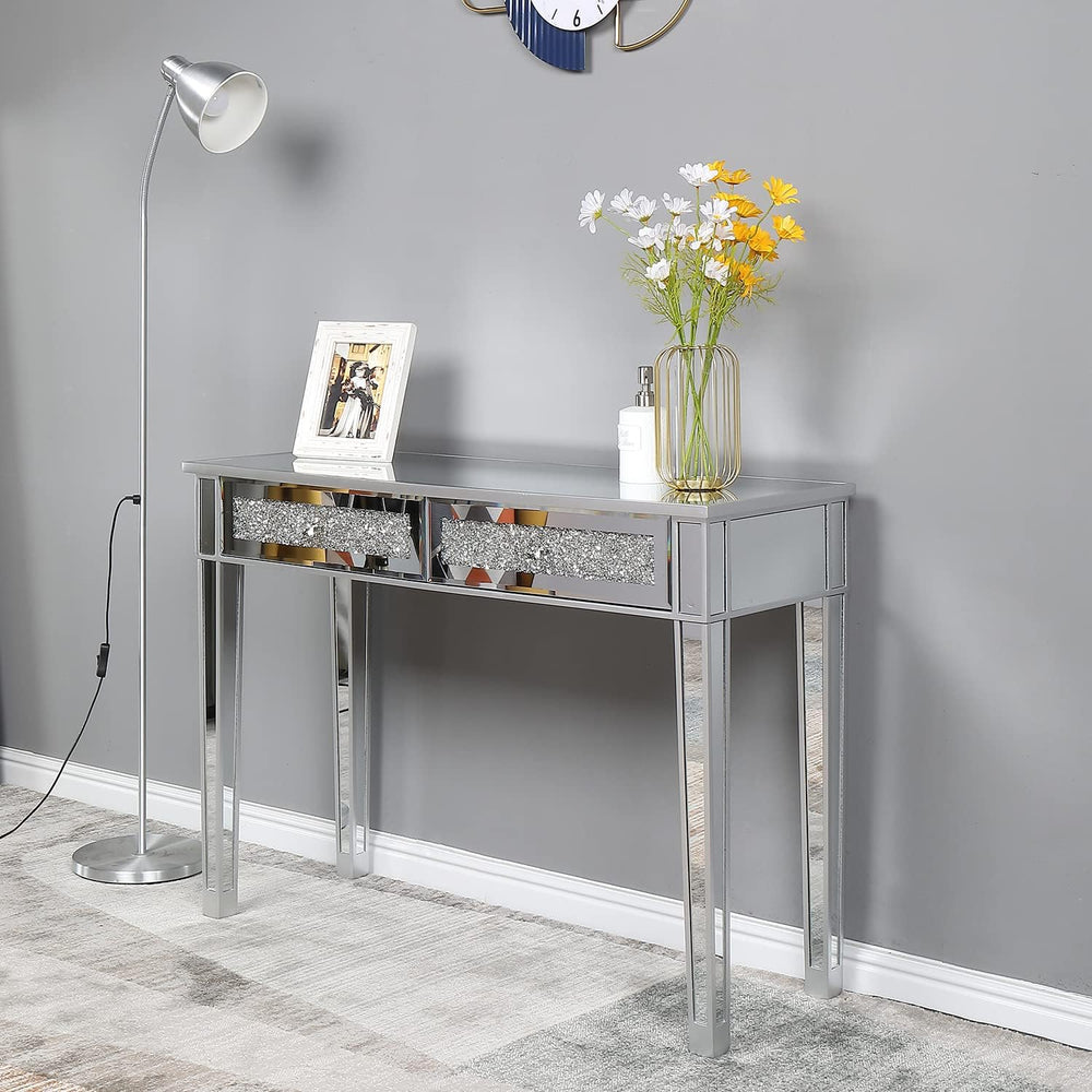 Karl home Mirrored Desk with 2 Drawers Silver Console Table Mirror Sofa Table...