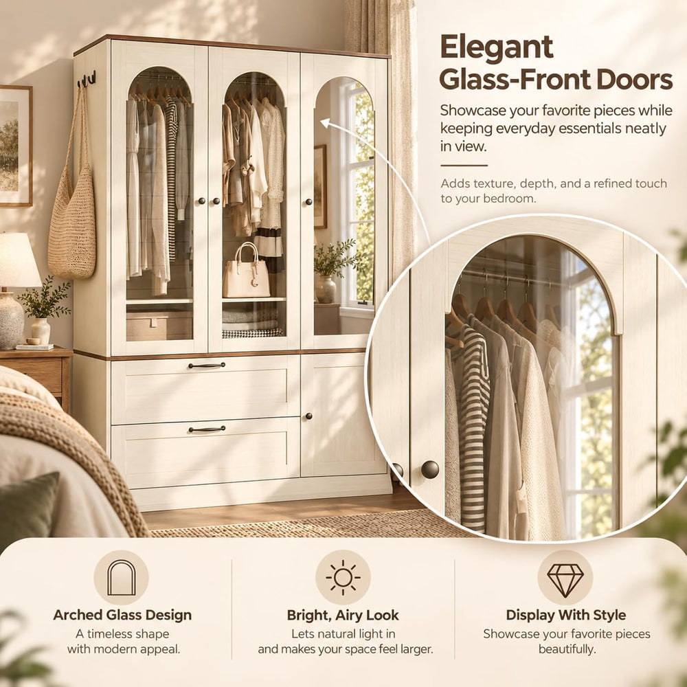 71" H Wardrobe Armoire with Mirror and Sensor Light,Flexible, Antique White