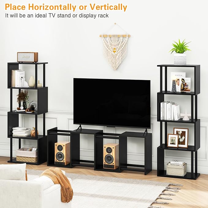 IBUYKE 5-Tier Tall Bookshelf,S-Shaped Geometric Bookcase, Wood Display Shelve...