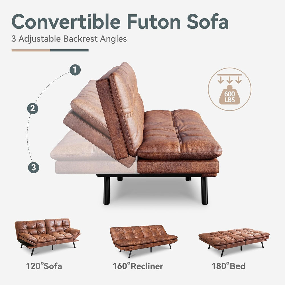 Futon Sofa Bed Convertible Couch, Brown Faux Leather Sofa Bed