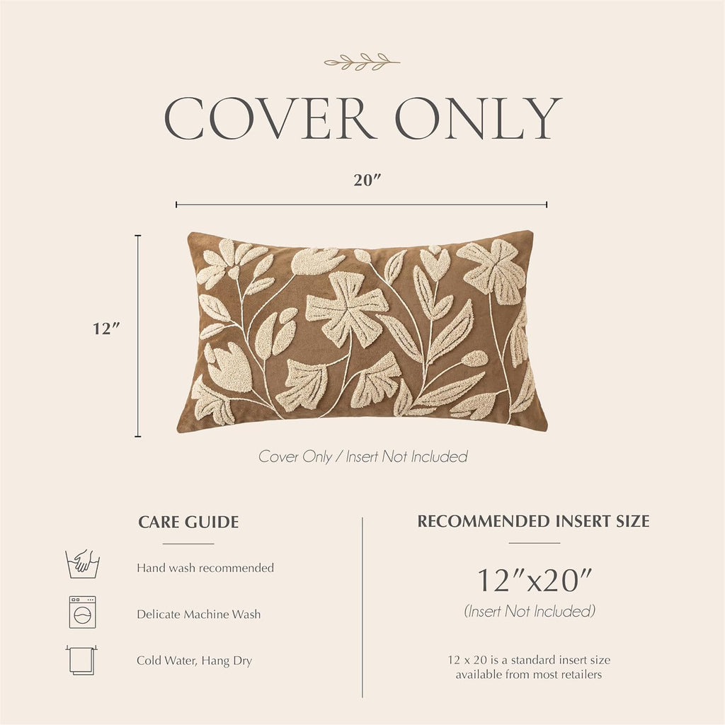 12x20 Lumbar Pillow Cover, Rectangular Brown Decorative Throw Pillowcase for Couch Sofa, Embroidered Velvet Farmhouse Accent Cushion (Cover Only)