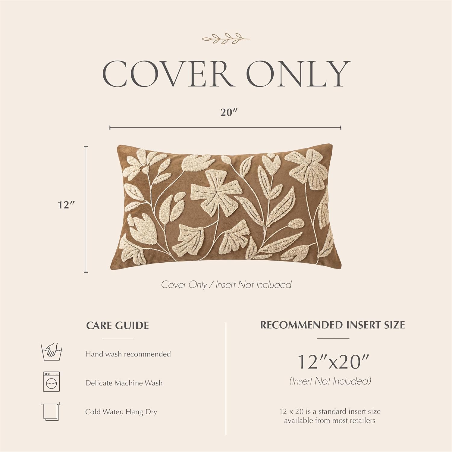 12x20 Lumbar Pillow Cover, Rectangular Brown Decorative Throw Pillowcase for Couch Sofa, Embroidered Velvet Farmhouse Accent Cushion (Cover Only)