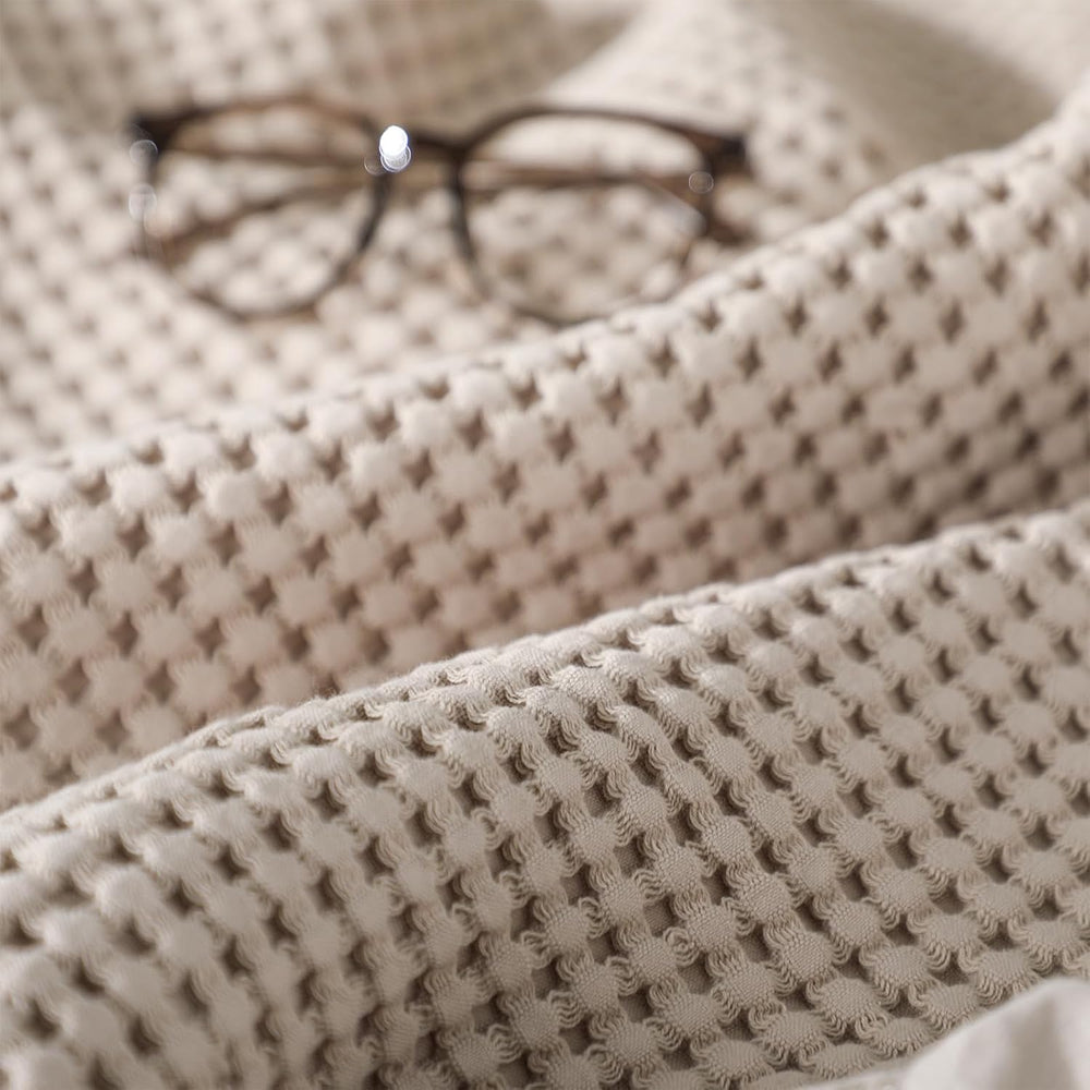 Tegeme Waffle Weave Blanket Cotton Beige Ruffle Throw Blanket